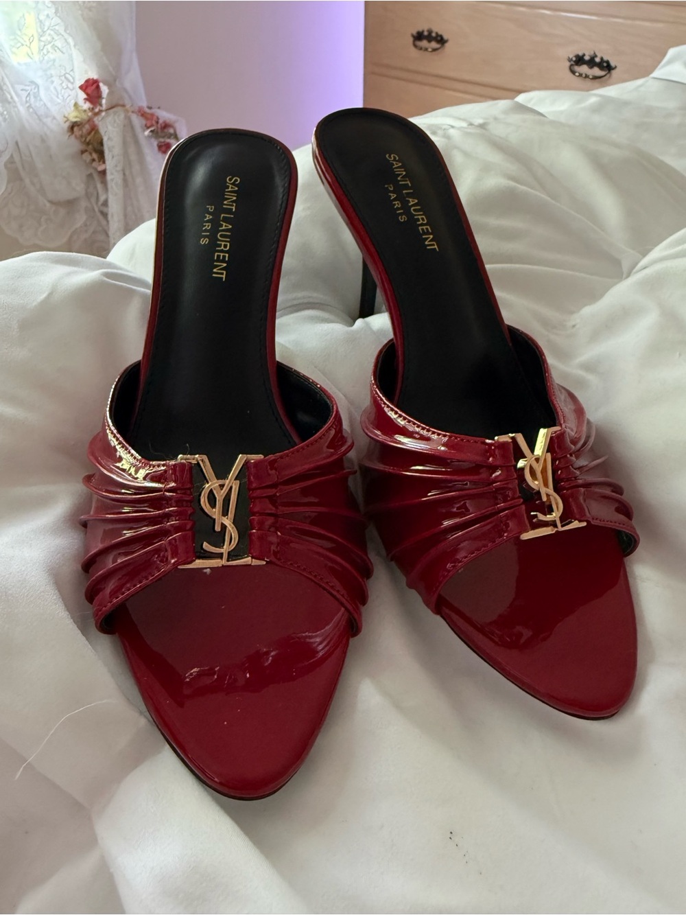 Red Patent Leather Slide Heels with Gold  Accent